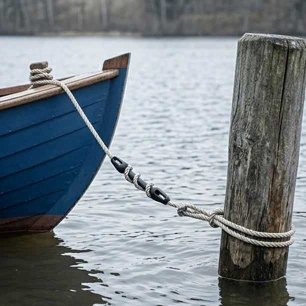 Blå båt fortøyd med tau og strekkavlaster til en påle
